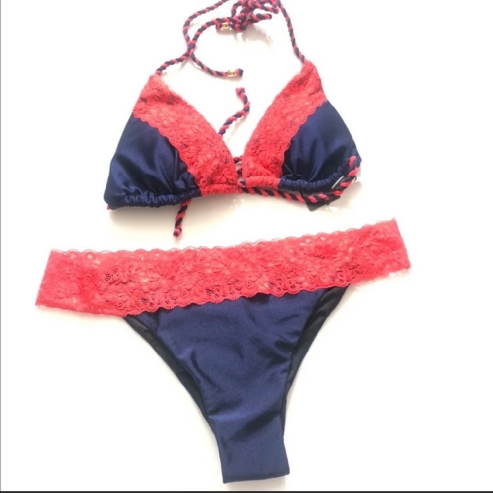 Relleciga Navy Blue & Red Lace String Bikini - Picture 3 of 15